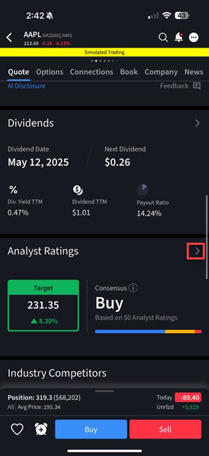 The analyst rating tab on the iphone. 